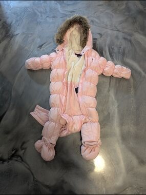 Tommy Hilfiger Pink and Cream Infant Faux-Fur Hooded Snowsuit